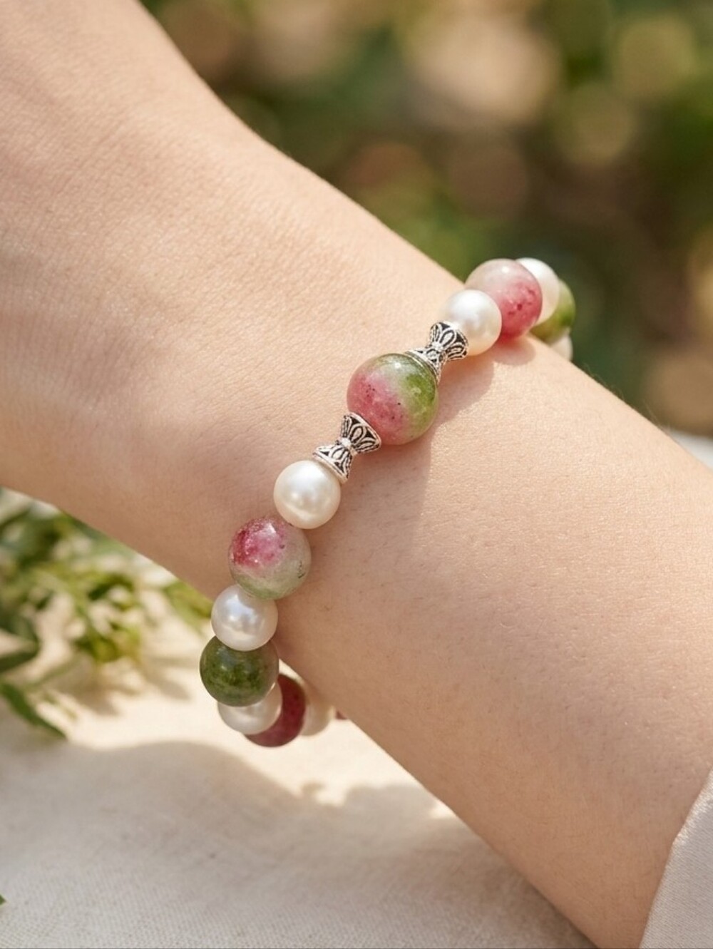 Handcrafted Watermelon Tourmaline And Faux Pearl Bracelet